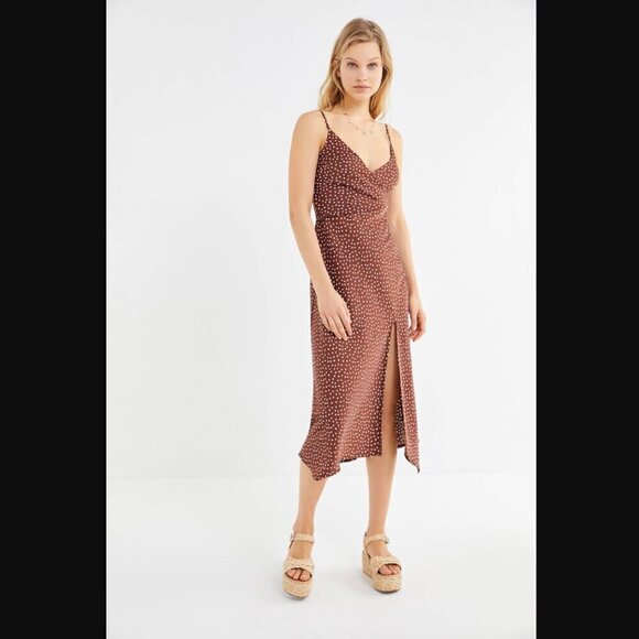 Urban Outfitters Kelly Brown White Polka Dot Surplice Midi Slip Dress S - Picture 1 of 8